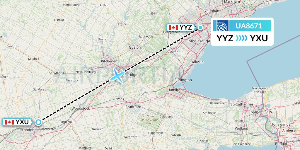 UA8671 United Airlines Flight Map: Toronto to London
