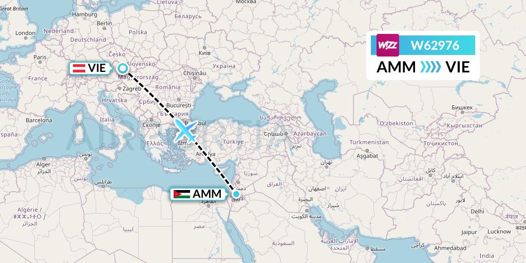 W62976 Wizz Air Flight Map: Amman to Vienna