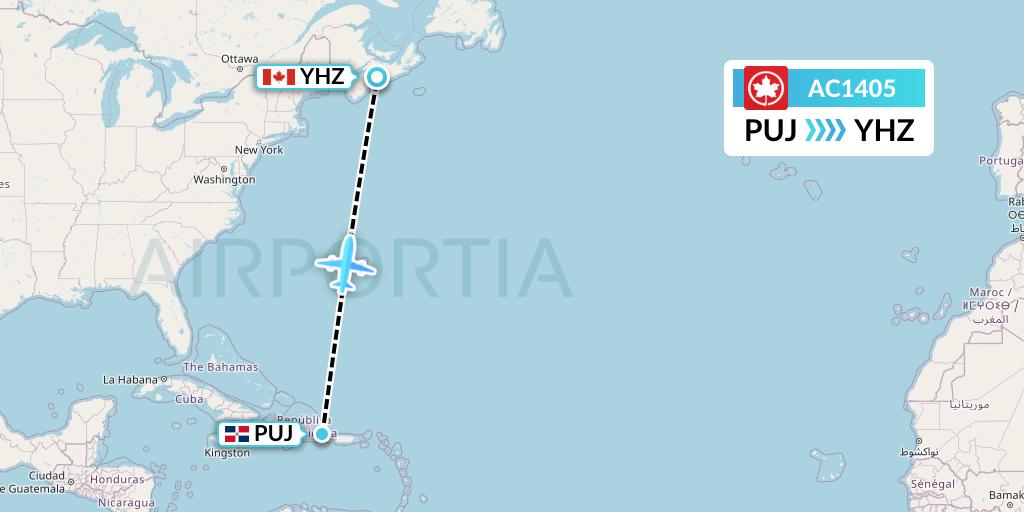AC1405 Air Canada Flight Map: Punta Cana to Halifax