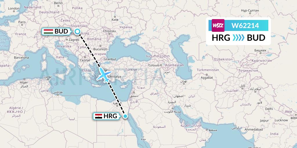 W62214 Wizz Air Flight Map: Hurghada to Budapest