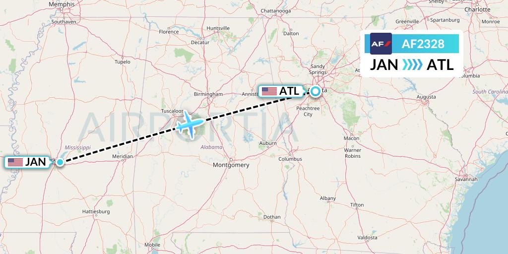 AF2328 Air France Flight Map: Jackson to Atlanta