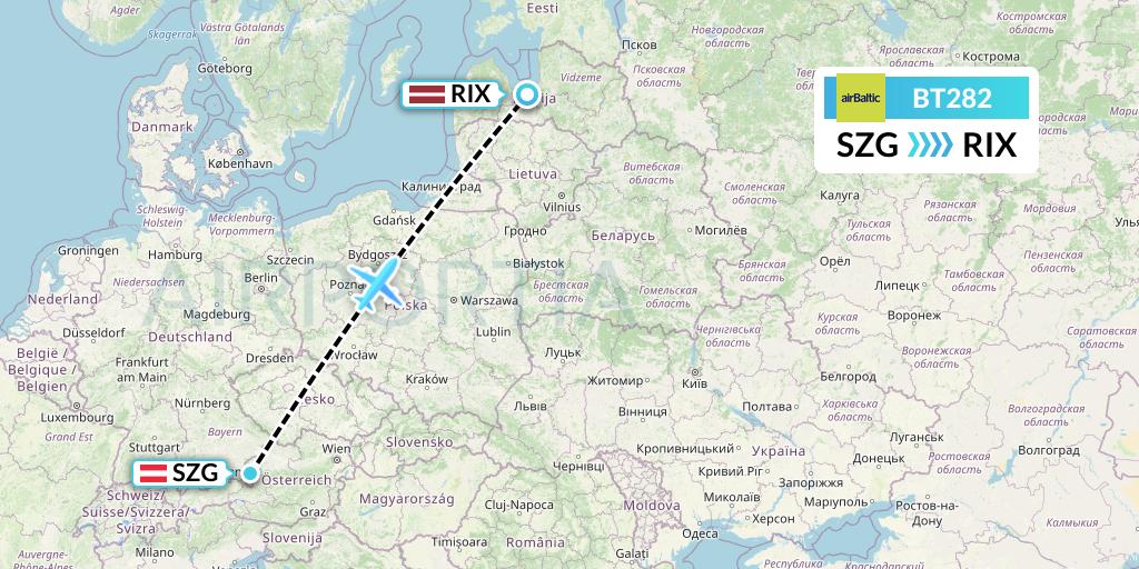 BT282 Air Baltic Flight Map: Salzburg to Riga