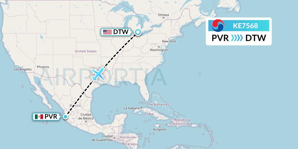 KE7568 Korean Air Flight Map: Puerto Vallarta to Detroit
