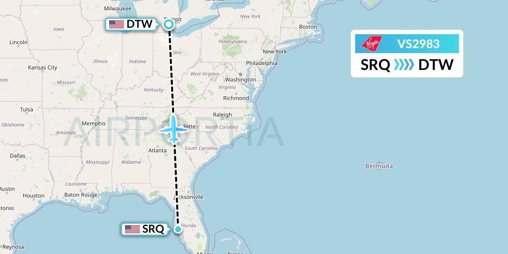 VS2983 Virgin Atlantic Airways Flight Map: Sarasota to Detroit