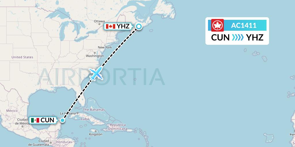 AC1411 Air Canada Flight Map: Cancun to Halifax