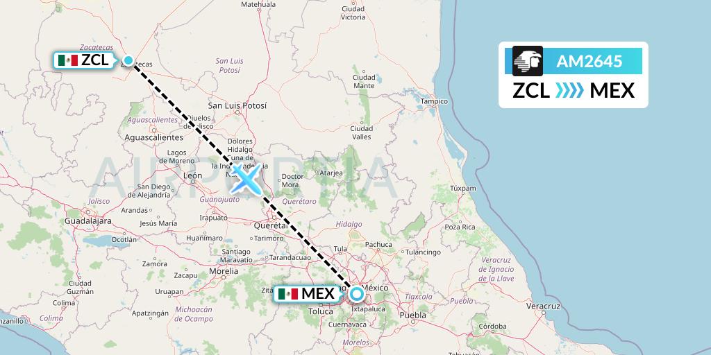 AM2645 Aeromexico Flight Map: Zacatecas to Mexico City