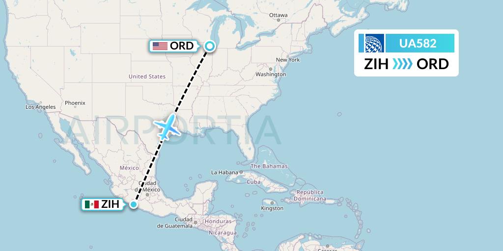 UA582 United Airlines Flight Map: Zihuatanejo to Chicago