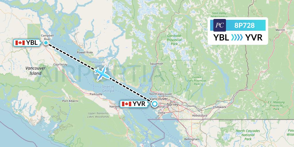 8P728 Pacific Coastal Airlines Flight Map: Campbell River to Vancouver