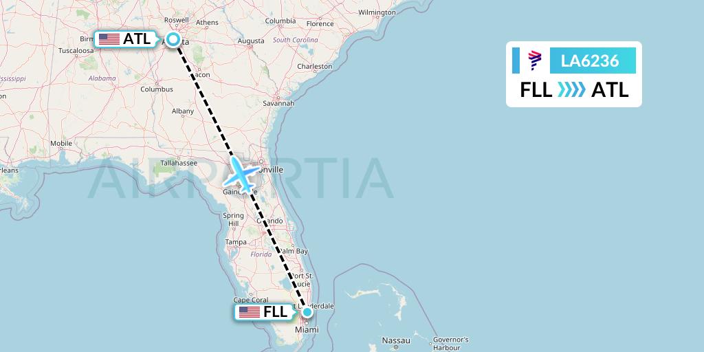LA6236 LAN Airlines Flight Map: Fort Lauderdale to Atlanta