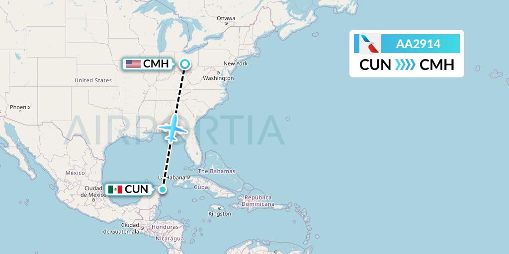 AA2914 American Airlines Flight Map: Cancun to Columbus