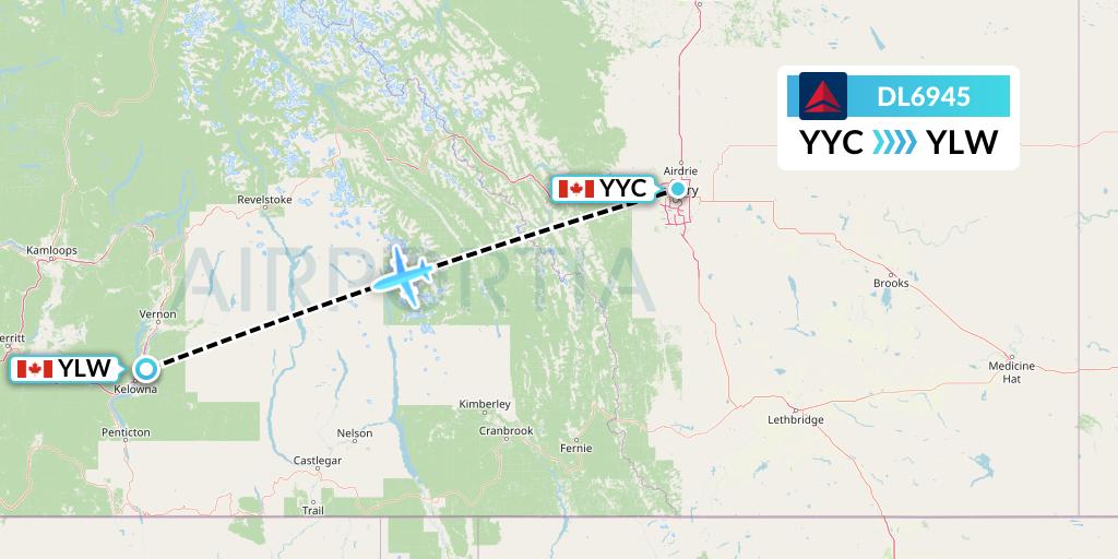 DL6945 Delta Air Lines Flight Map: Calgary to Kelowna