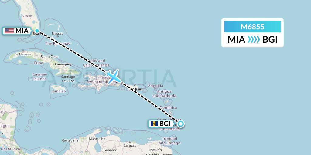 M6855 Amerijet International Flight Map: Miami to Bridgetown