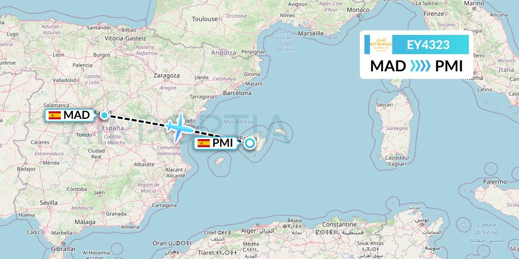EY4323 Etihad Airways Flight Map: Madrid to Palma de Mallorca