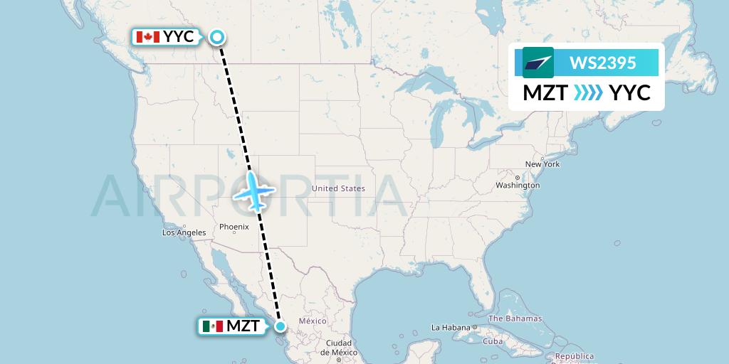 WS2395 WestJet Flight Map: Mazatlan to Calgary