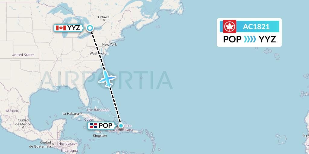 AC1821 Air Canada Flight Map: Puerto Plata to Toronto