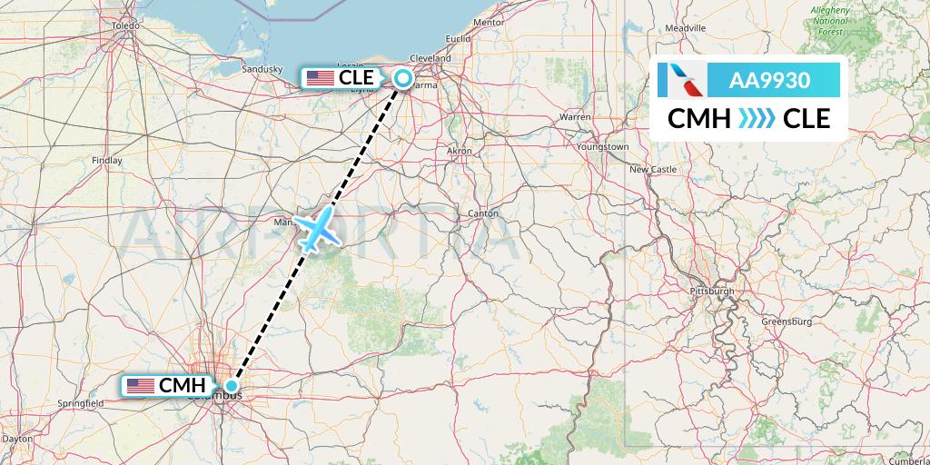 AA9930 American Airlines Flight Map: Columbus to Cleveland