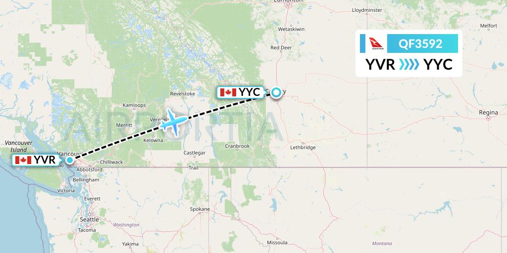 QF3592 Qantas Flight Map: Vancouver to Calgary