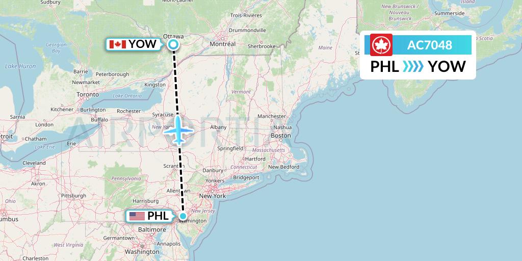 AC7048 Air Canada Flight Map: Philadelphia to Ottawa