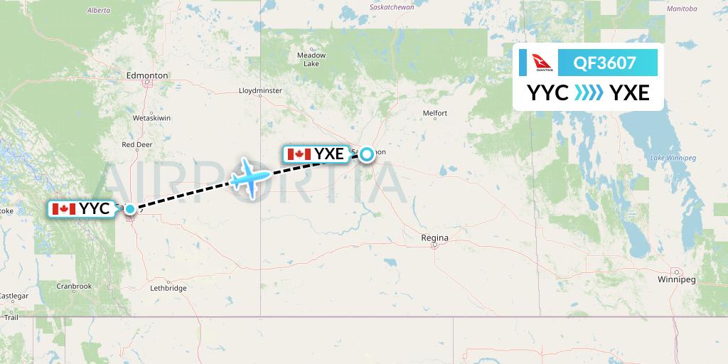 QF3607 Qantas Flight Map: Calgary to Saskatoon