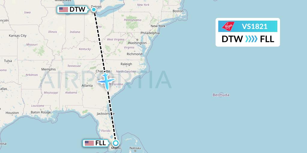 VS1821 Virgin Atlantic Airways Flight Map: Detroit to Fort Lauderdale
