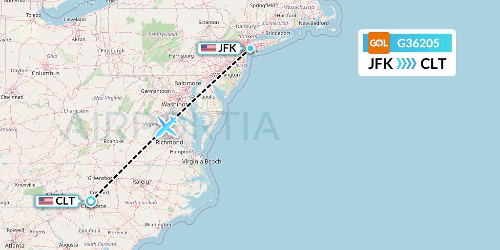 G36205 GOL Transportes Aeros Flight Map: New York to Charlotte