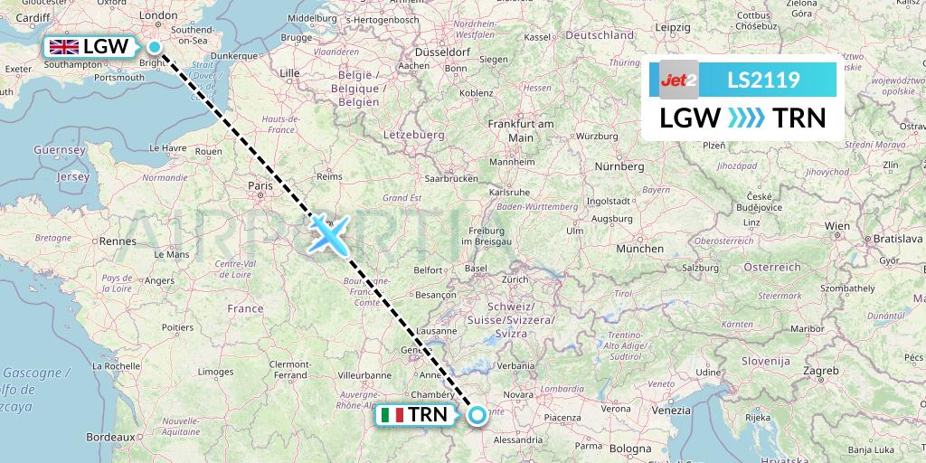 LS2119 Jet2 Flight Map: London to Turin