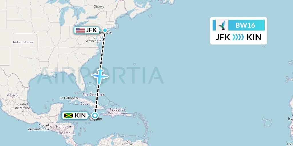BW16 Caribbean Airlines Flight Map: New York to Kingston