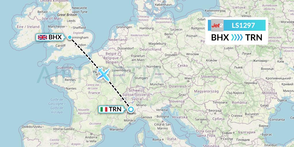 LS1297 Jet2 Flight Map: Birmingham to Turin