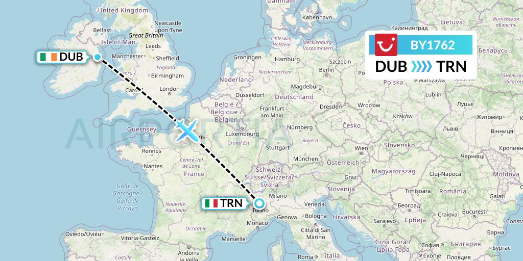 BY1762 TUI Airways Flight Map: Dublin to Turin