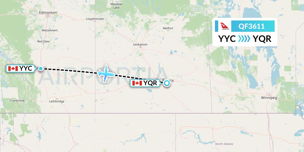 QF3611 Qantas Flight Map: Calgary to Regina