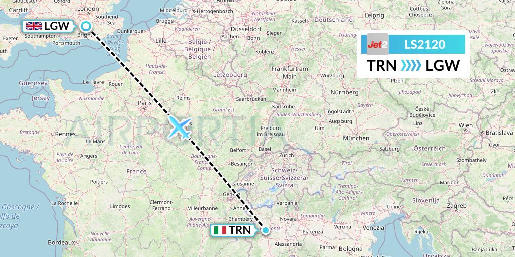 LS2120 Jet2 Flight Map: Turin to London