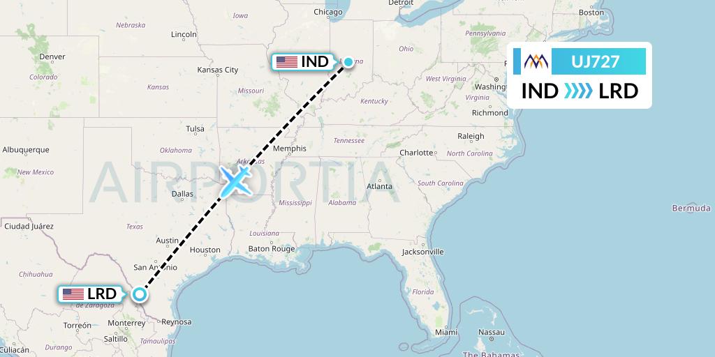 UJ727 AlMasria Universal Airlines Flight Map: Indianapolis to Laredo