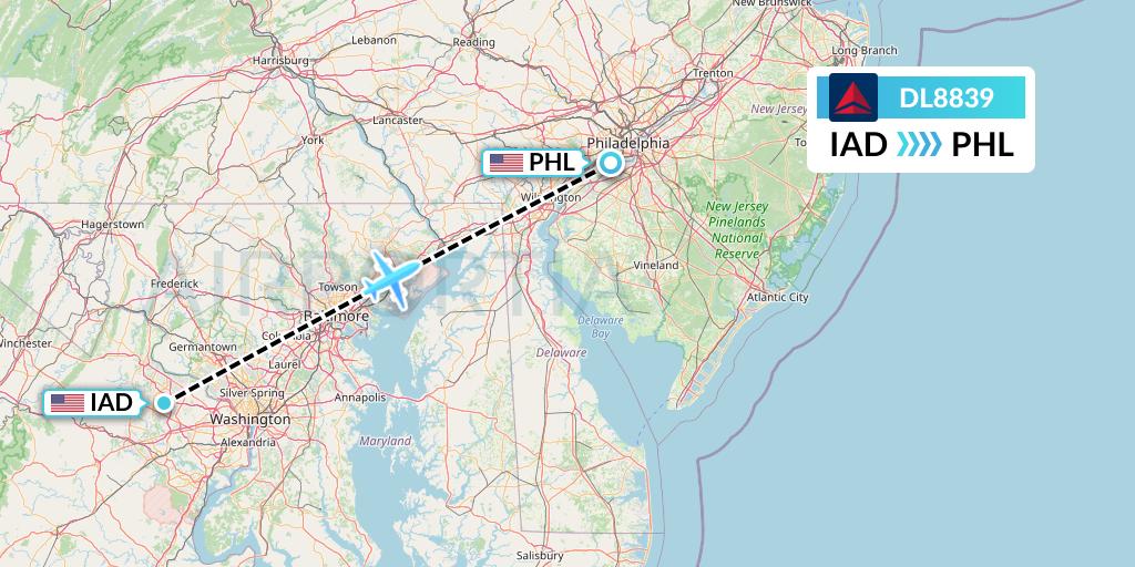 DL8839 Delta Air Lines Flight Map: Washington to Philadelphia