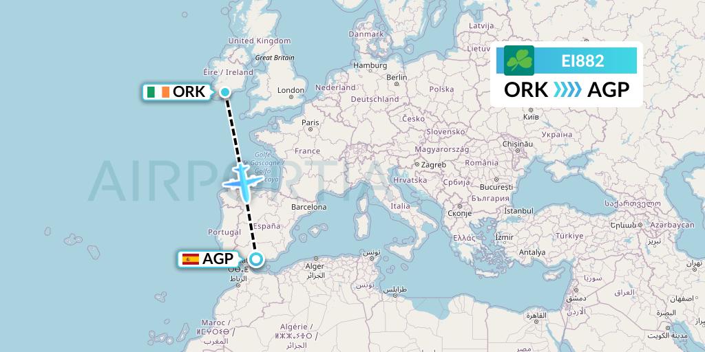 EI882 Aer Lingus Flight Map: Cork to Malaga