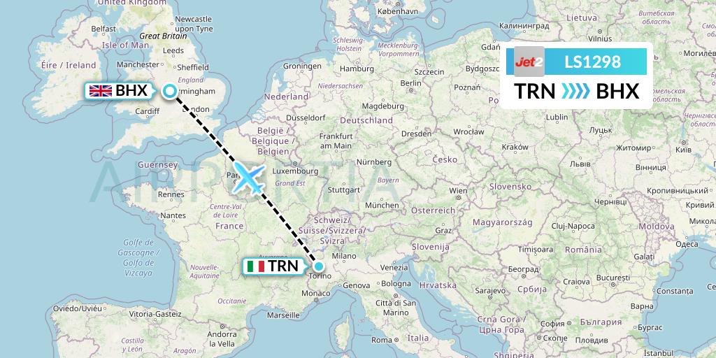 LS1298 Jet2 Flight Map: Turin to Birmingham