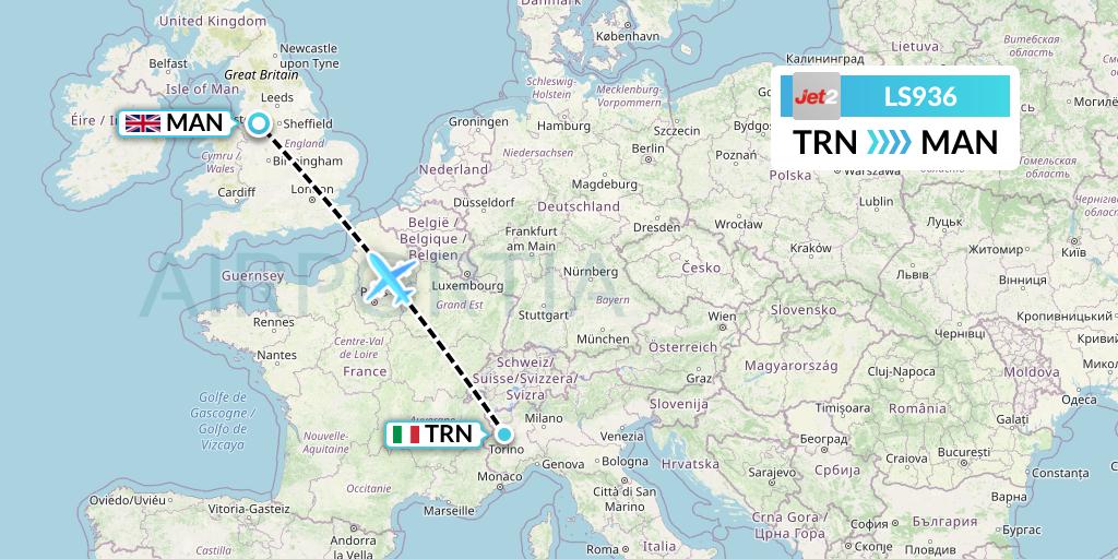 LS936 Jet2 Flight Map: Turin to Manchester