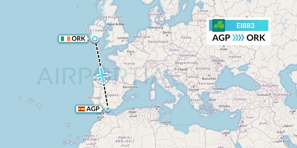 EI883 Aer Lingus Flight Map: Malaga to Cork