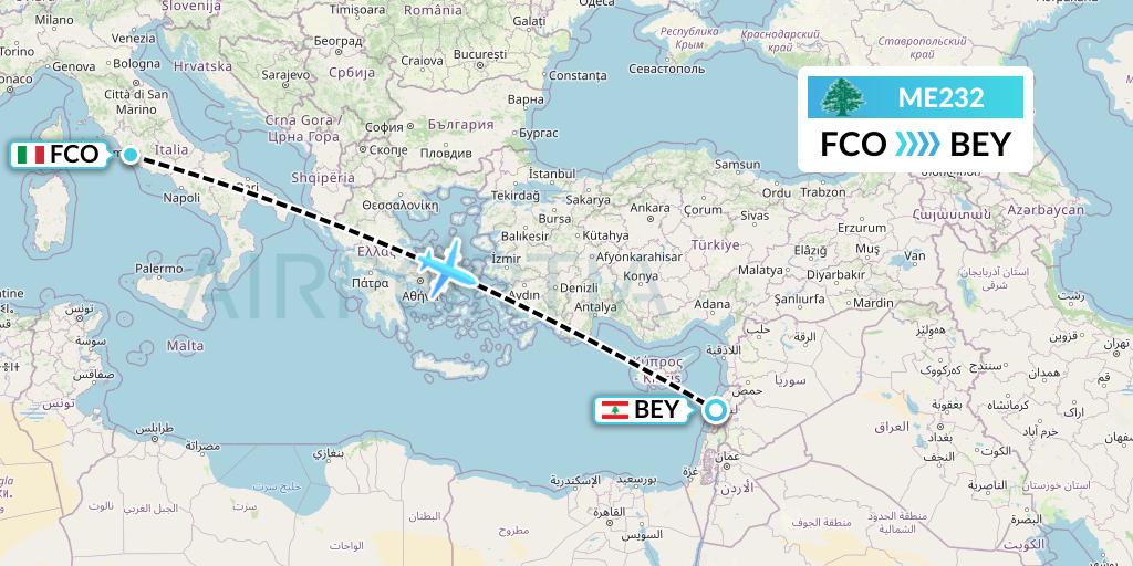 ME232 MEA Flight Map: Rome to Beirut