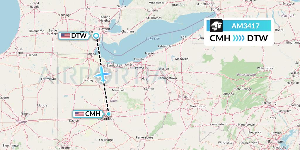 AM3417 Aeromexico Flight Map: Columbus to Detroit