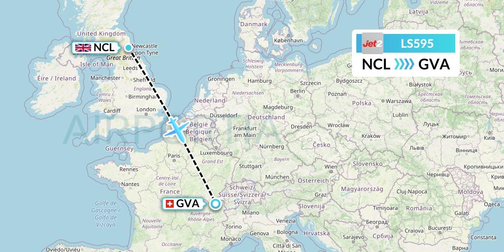 LS595 Jet2 Flight Map: Newcastle to Geneva