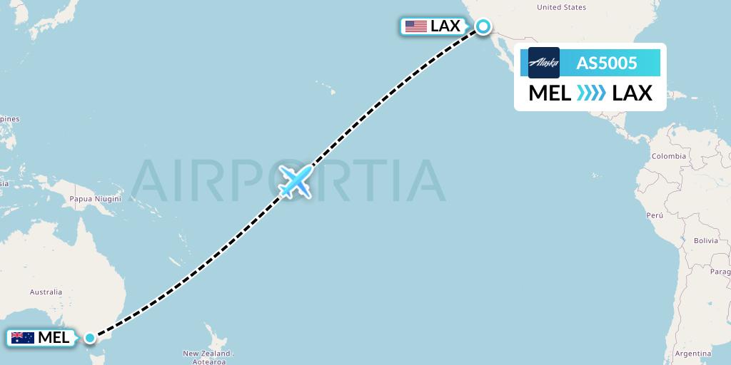 AS5005 Alaska Airlines Flight Map: Melbourne to Los Angeles