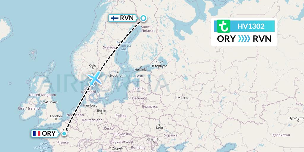 HV1302 Transavia Flight Map: Paris to Rovaniemi