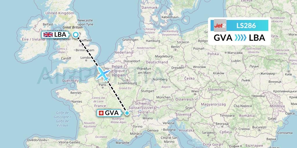 LS286 Jet2 Flight Map: Geneva to Leeds