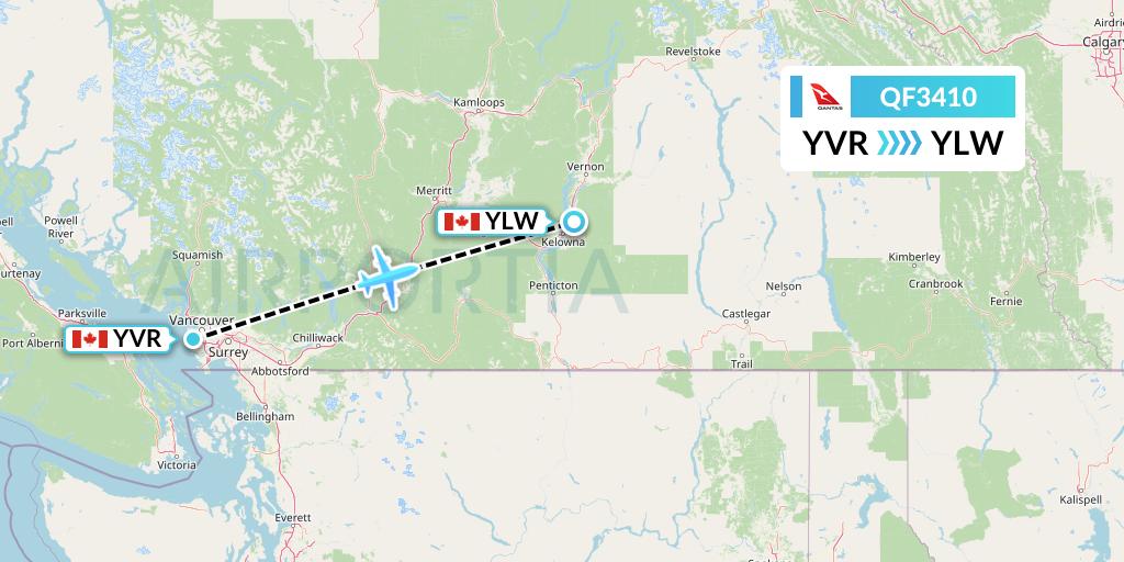 QF3410 Qantas Flight Map: Vancouver to Kelowna