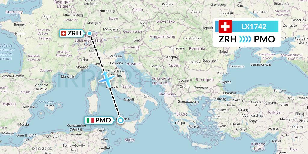 LX1742 Swiss Flight Map: Zurich to Palermo