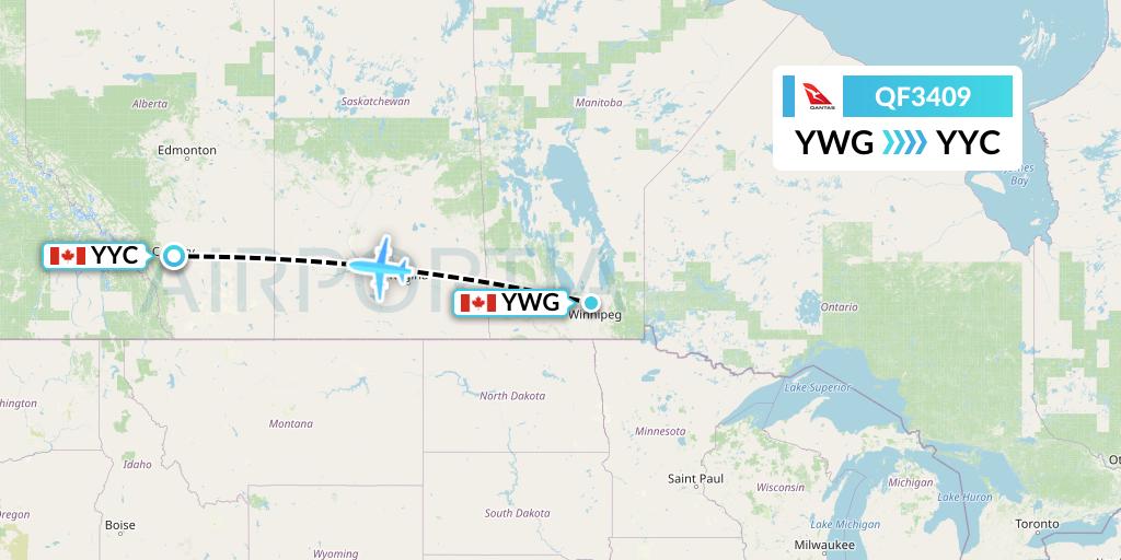 QF3409 Qantas Flight Map: Winnipeg to Calgary