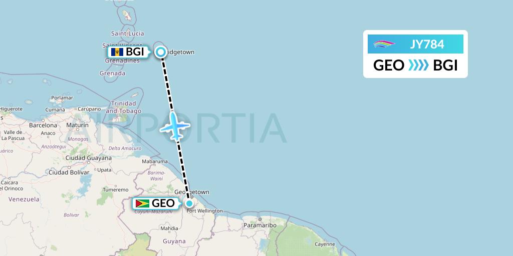 JY784 InterCaribbean Airways Flight Map: Georgetown to Bridgetown