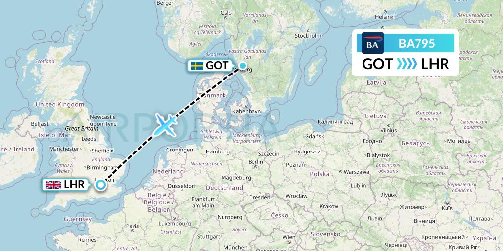 BA795 British Airways Flight Map: Gothenburg to London
