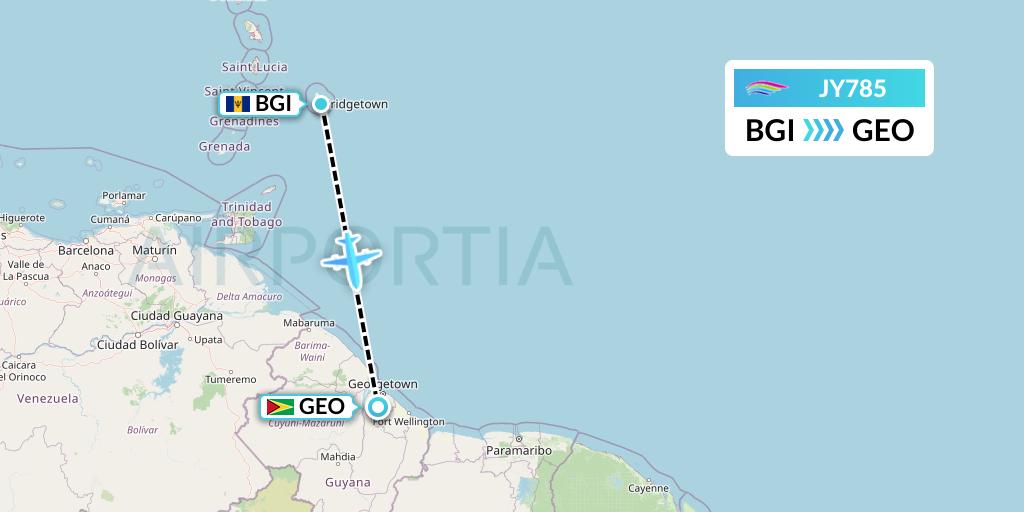 JY785 InterCaribbean Airways Flight Map: Bridgetown to Georgetown