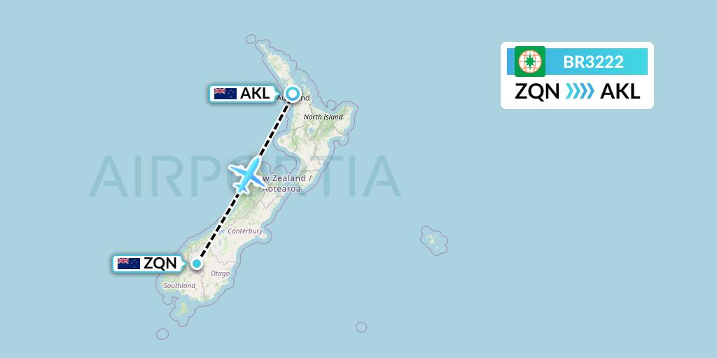 BR3222 EVA Air Flight Map: Queenstown to Auckland